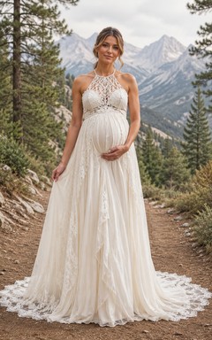 Umstands-Neckholder-Hochzeitskleid mit Spitzenoberteil und Bergwiesen-Flair