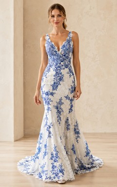 Robe de mariée romantique bleu roi à fleurs, sirène, col en V, sans manches, en dentelle, style sirène.