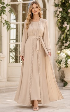 Champagne Chiffon Abaya A Line Floor Length Jewel Long Sleeve Sash Dress