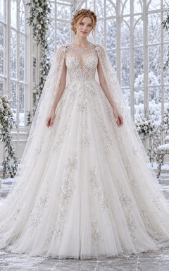 Vestido de novia de invierno con cuello joya transparente y capa bordada con copos de nieve, corte A