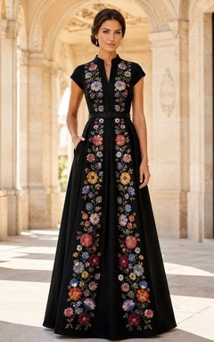 Black Floral Chiffon Jewel Neck Short Sleeve A-Line Formal Gown
