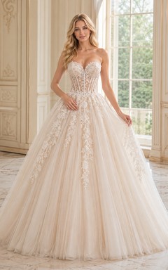 Vestido de fiesta romántico largo hasta el suelo, color marfil, sin tirantes, con escote corazón, con varillas, encaje floral y tul.