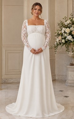 Modest Square Neck Long Sleeve Floor-length Lace Empire Maternity Bridal Dress