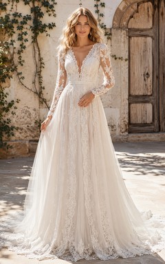 Robe de mariée bohème en dentelle, manches longues, col en V, coupe trapèze, style jardin