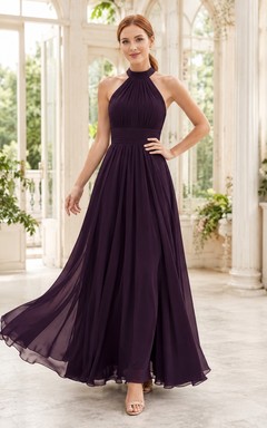 Dark Purple Chiffon Halter Neck Pleated A-Line Floor-length Formal Dress