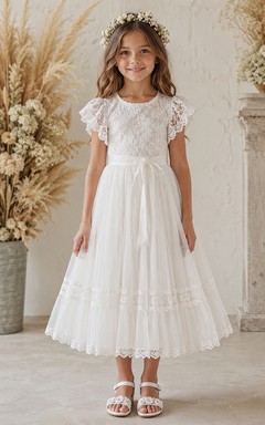 White Boho Tea-Length A-Line Lace Flower Girl Dress with Ruffles