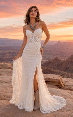 Robe de mariée fourreau en dentelle style western rustique avec fente