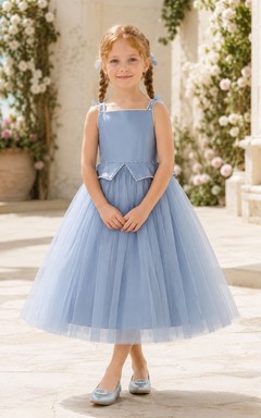 Sky Blue Basque Waist A-Line Tulle Flower Girl Dress, Sleeveless Square Neck, Pleated Tea-Length Beach Ceremony