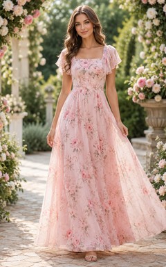 Blush floral flutter sleeve chiffon floor length A line bridesmaid dress