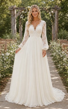 Affordable Boho Long Sleeve Lace Chiffon Garden Bridal Gown