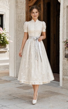 Modern High Neck Puff Sleeve Lace Skirt Sash Tea Bridal Wedding Dirndl