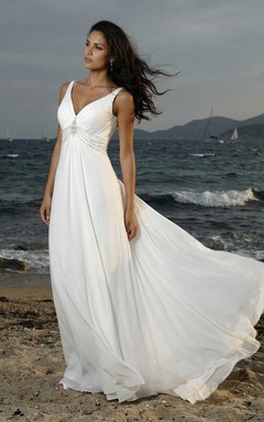 Robe de mariée vaporeuse à col en V pour la plage - Robe de mariée en mousseline sans manches à taille empire