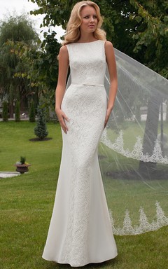 Vestido de novia largo hasta el suelo de encaje joya con espalda en V