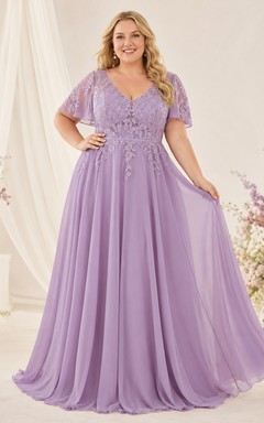 Lavender Plus Size V-Neck Flutter Sleeve Chiffon Wedding Dress