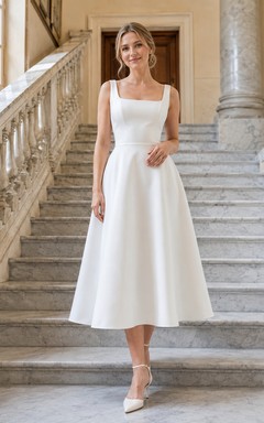 Civil Square Neck Sleeveless Satin A-Line Tea-Length Wedding Dress