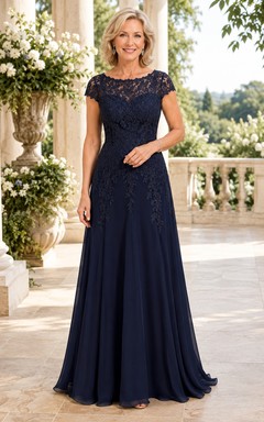 Dunkelblaues, schulterfreies A-Linien-Kleid aus Spitze mit kurzen Ärmeln