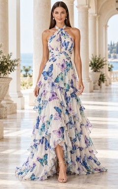 Vestido de noche formal de gasa con volantes y estampado de mariposas color marfil, corte asimétrico, escote halter, largo hasta el tobillo