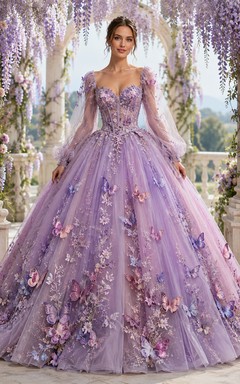 Vestido de quinceañera estilo princesa con cola y mangas abullonadas largas, estilo jardín de mariposas lilas