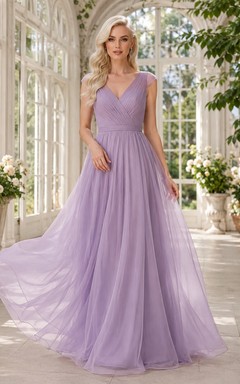Lavender Chiffon V-neck Pleated A-line Floor-length Evening Dress with Sweep