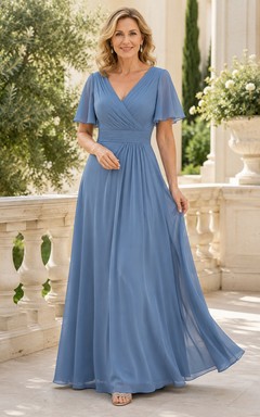 MOB-Kleid, stahlblau, Chiffon, A-Linie, kurze Ärmel, V-Ausschnitt, bodenlang, gerafft