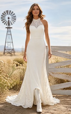 Modest Western High Neck Sleeveless Lace Sheath Court Train Wedding Dress