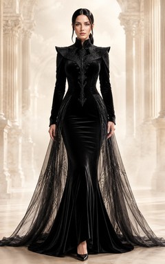 Black Velvet High-Neck Long-Sleeve Mermaid Sweep-Train Evening Gown