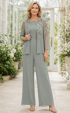 Sage Mother Pantsuit with Lace Long Sleeve Jacket, Jewel Bodice and Wide Leg Pants