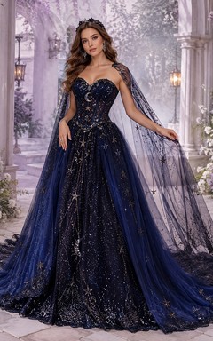 Vestido de novia romántico azul rey de corte A con escote corazón y apliques de tul, manga larga y escote corazón