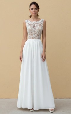 Mono de novia sin mangas de encaje floral, tul transparente y satén con cintura de satén.