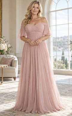 Second Wedding Blush Pink Off-the-Shoulder Empire Waist Pleated Chiffon Floor Length A-Line Dress