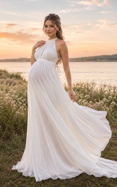 Umstandskleid mit Neckholder und offenem Rücken, schlichtes Brautkleid für eine Hochzeit am See