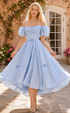 Sky Blue Taffeta Off-the-shoulder Short Sleeve A-Line Midi Dress
