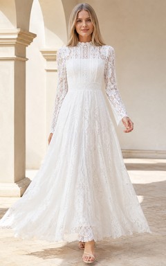 Robe de mariée longue à manches longues et col montant en dentelle, fermeture éclair illusion