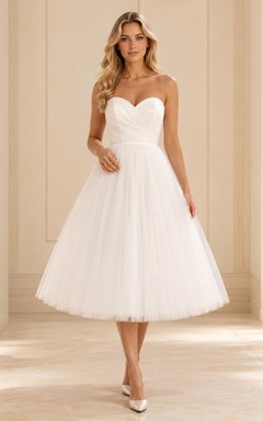 Robe de mariée vintage en tulle, coupe trapèze, longueur thé, sans bretelles, style ballerine, style civil