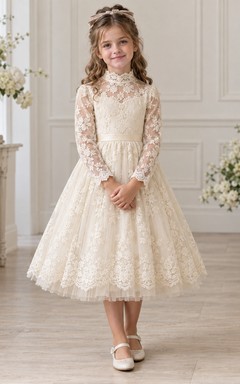 Tea-length High Neck Long Sleeve Ivory Floral A-Line Lace Scalloped Flowergirl Dress