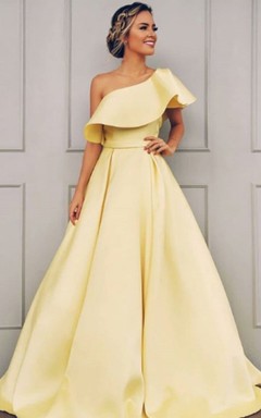 Robe de soirée moderne sans manches, longue en satin, coupe trapèze, traîne balayée et volants