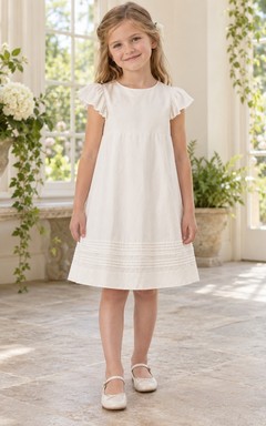Simple Ivory Knee-length Jewel Short Flutter Sleeves Pintucked-hem Empire Button-back Flower Girl Dress