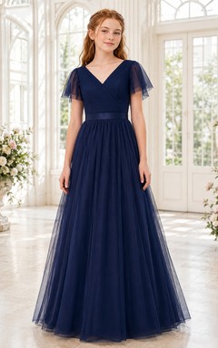 Dunkelblaues Brautjungfernkleid für junge Damen, A-Linie, V-Ausschnitt, kurze Ärmel, aus elegantem Chiffon mit Blütenblattmuster
