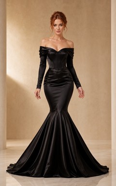 Sexy Black Off-Shoulder Long Sleeve Satin Mermaid Court Train Evening Gown