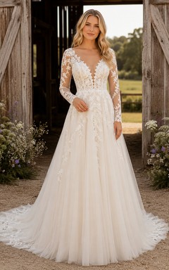 Lace Tulle Wedding Dress A-Line V-Neck Sleeveless Chapel Train Bridal Gown