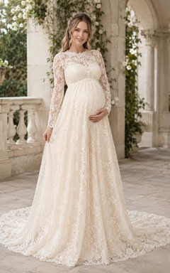 Robe de mariée de maternité à manches longues en dentelle, style empire bateau, pour chapelle