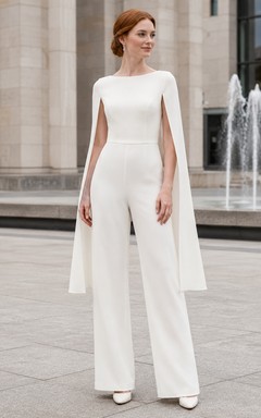 Courthouse Bridal Bateau Neck Cape Jumpsuit Wedding Dress