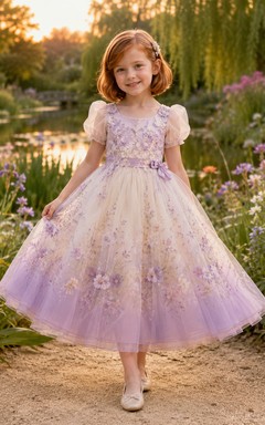 Lavender Flower Girl Dress with Puff Organza Sleeves, Floral Applique Square Bodice, Tea-Length Ombre Tulle Skirt and Satin Bow Waist