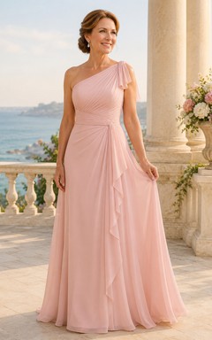 Zartrosa A-Linien-Kleid aus Chiffon mit One-Shoulder-Schulter und weicher Schleife
