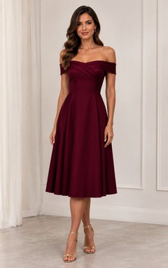 Off-the-Shoulder Satin Tea-Length Bridesmaid Dress