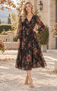 Vestido de invitada negro de corte A, escote en V, manga larga y largo hasta la rodilla.