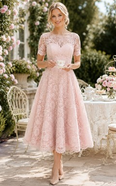 Pastel Pink Illusion Sleeve Sweetheart Lace Tea Dress