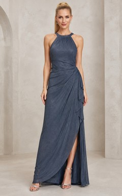 Schieferblaues, gerafftes Chiffon-Abendkleid in A-Linie mit Neckholder und Schlitz, bodenlang