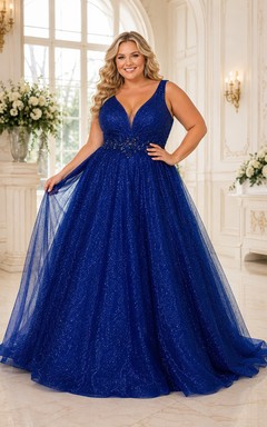 Royal Blue Plus Size Glitter Tulle Ball Gown with V-Neck for Prom Quinceanera and Formal Celebrations