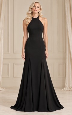 Black Simple Mermaid High Halter Godet Sleeveless Long Evening Gown